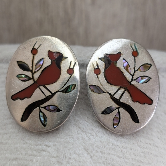 Native American Jewelry - BH Signed Navajo Sterling 925 Red Coral & Abalone Cardinal Mosaic Inlay Earrings